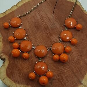 Orange Statement Bib Necklace Cabochons and Beads Gold Tone Chain